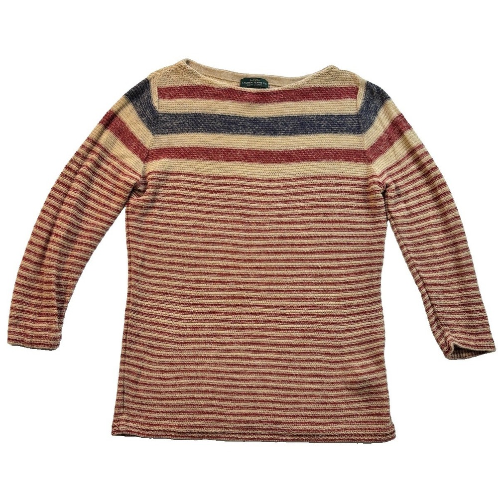 LRL Ralph Lauren Linen Cotton Striped Tan Red Boatneck Sweater Women's M VTG Y2K